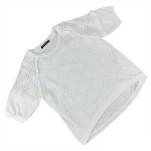Gabby Isabella White Short Sleeve Eyelet Lace Front Top, Small/Medium